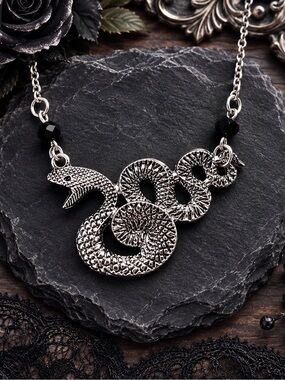Gothic Silver Tone Snake Necklace Black Beads Serpent Pendant